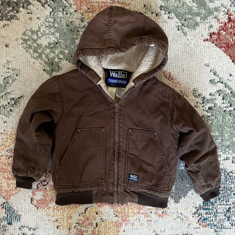 Vintage Kids Walls Tough Wear Hooded Sherpa Work Wear Coat Jacket Dark Brown